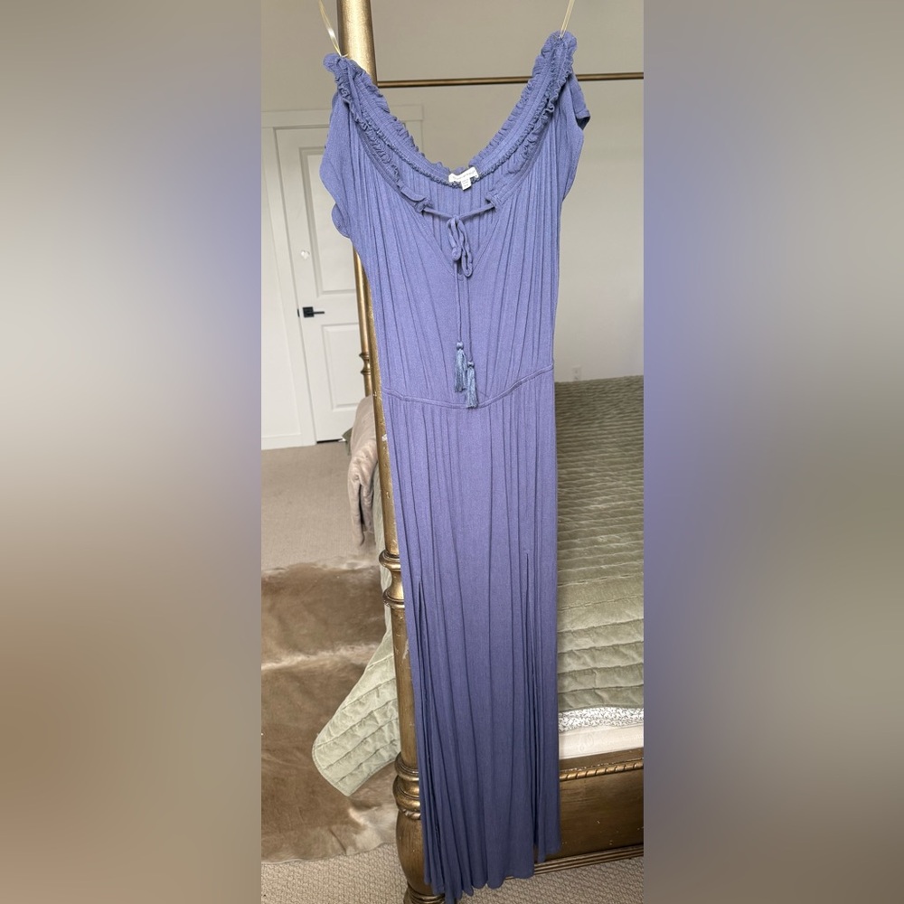 Blue Off The Shoulder Maxi Dress with Tassel Tie